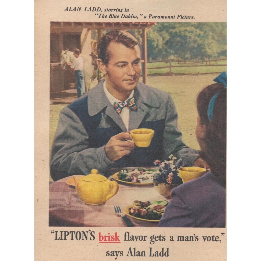 1946 Lipton Tea Vintage Print Ad Celebrity Alan Ladd Brisk Flavor Kitchen Decor‎